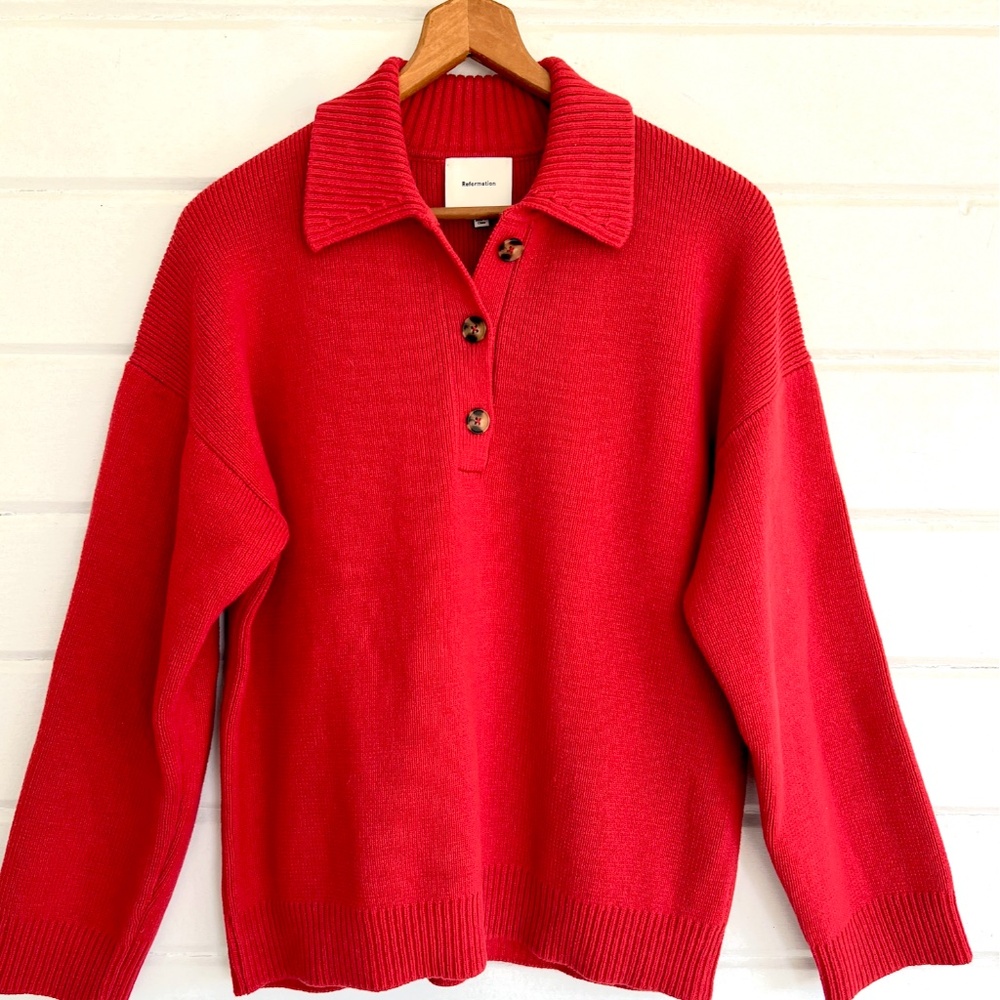 REFORMATION Brooklyn Organic Cotton Polo Sweater in Sundried Tomato - S - Picture 3 of 13